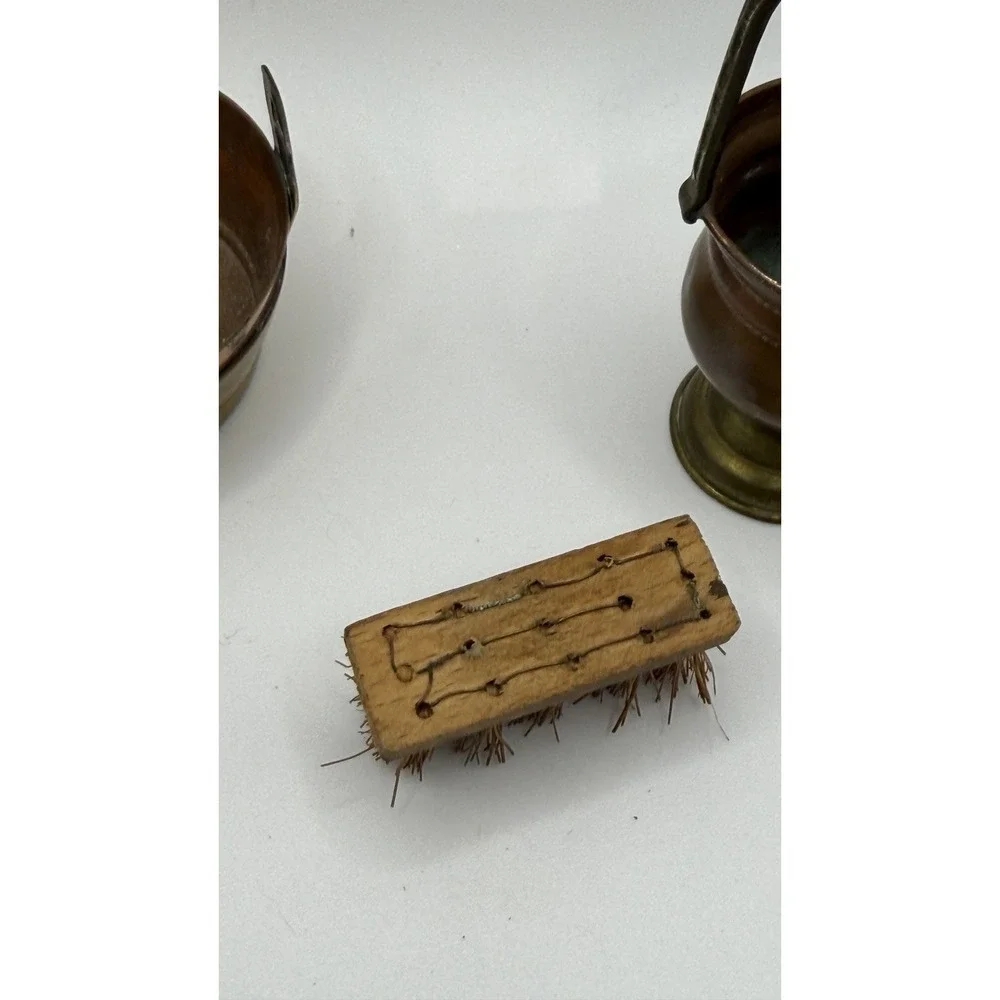 Miniature Doll Copper Basket & Wash Bucket w/ Brush‎ Vintage Victorian 2